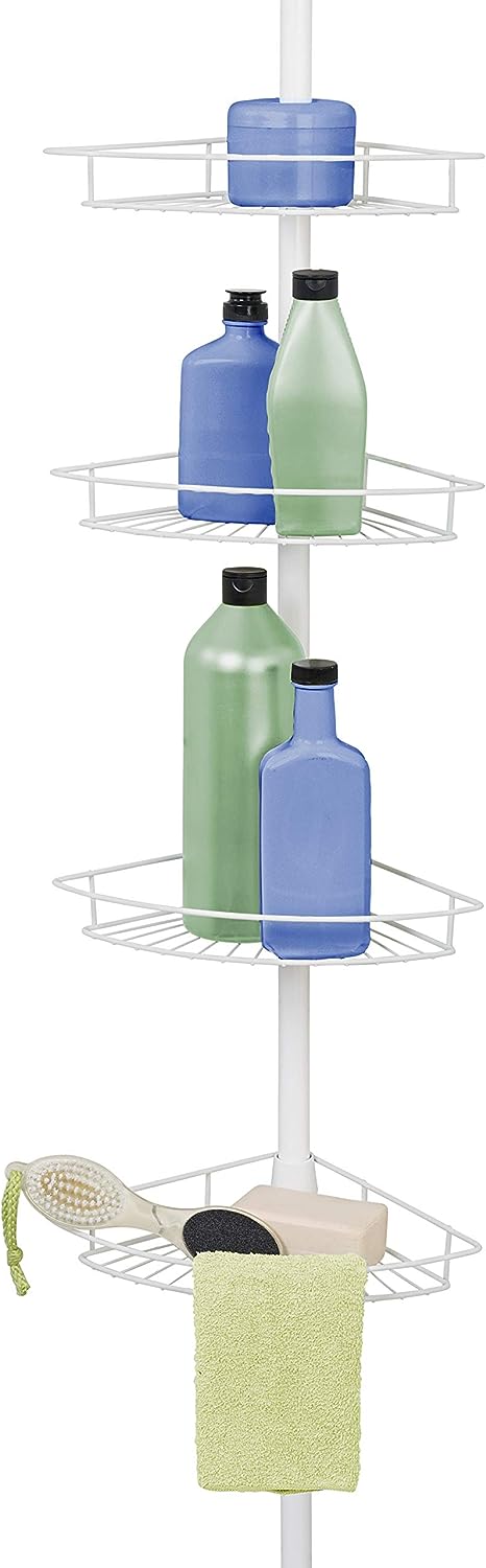 Zenna Home Rust-Resistant Corner Shower Caddy for Bathroom, 4 Adjustable Shelves and Towel Bar, with Tension Pole, for Bath and Shower Storage, 60-97 Inch, Bronze